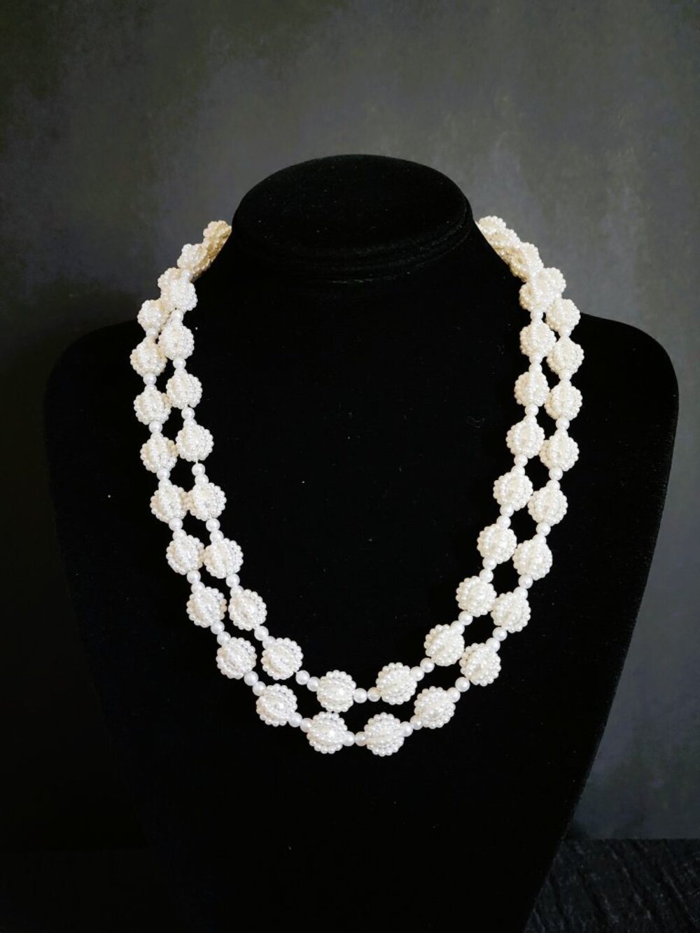Vintage 1960s Caged Faux Pearl Double Strand Necklace J-Hook 18-21" Mid-Century